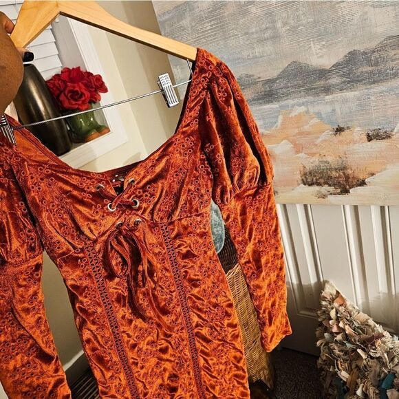 Asos Burnt Orange Velour Embroidered See Through Detail Trim Peasant Style Long - Picture 3 of 13